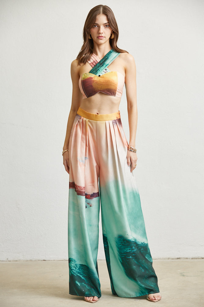2pc set- ocean print crop top wide leg pants – RK Collections