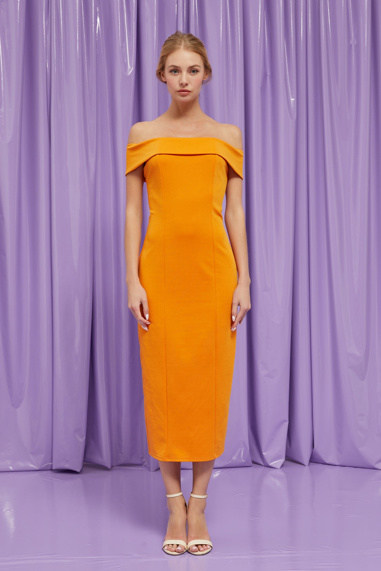 orange off the shoulder midi dress Eliya Off Shoulder Midi Dress- Orange