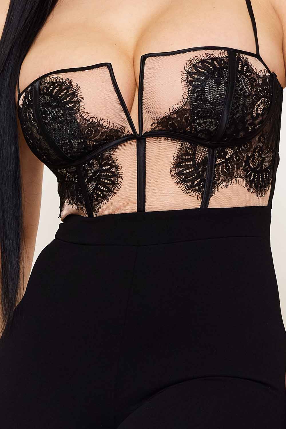 lace bust flared leg sleeveless jumpsuit
