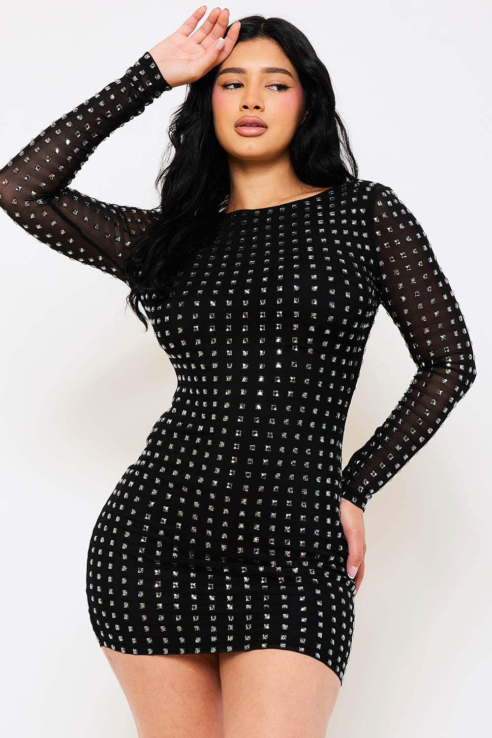 square rhinestone long sleeve scoop back dress Black / Small square rhinestone long sleeve scoop back dress Black / Small