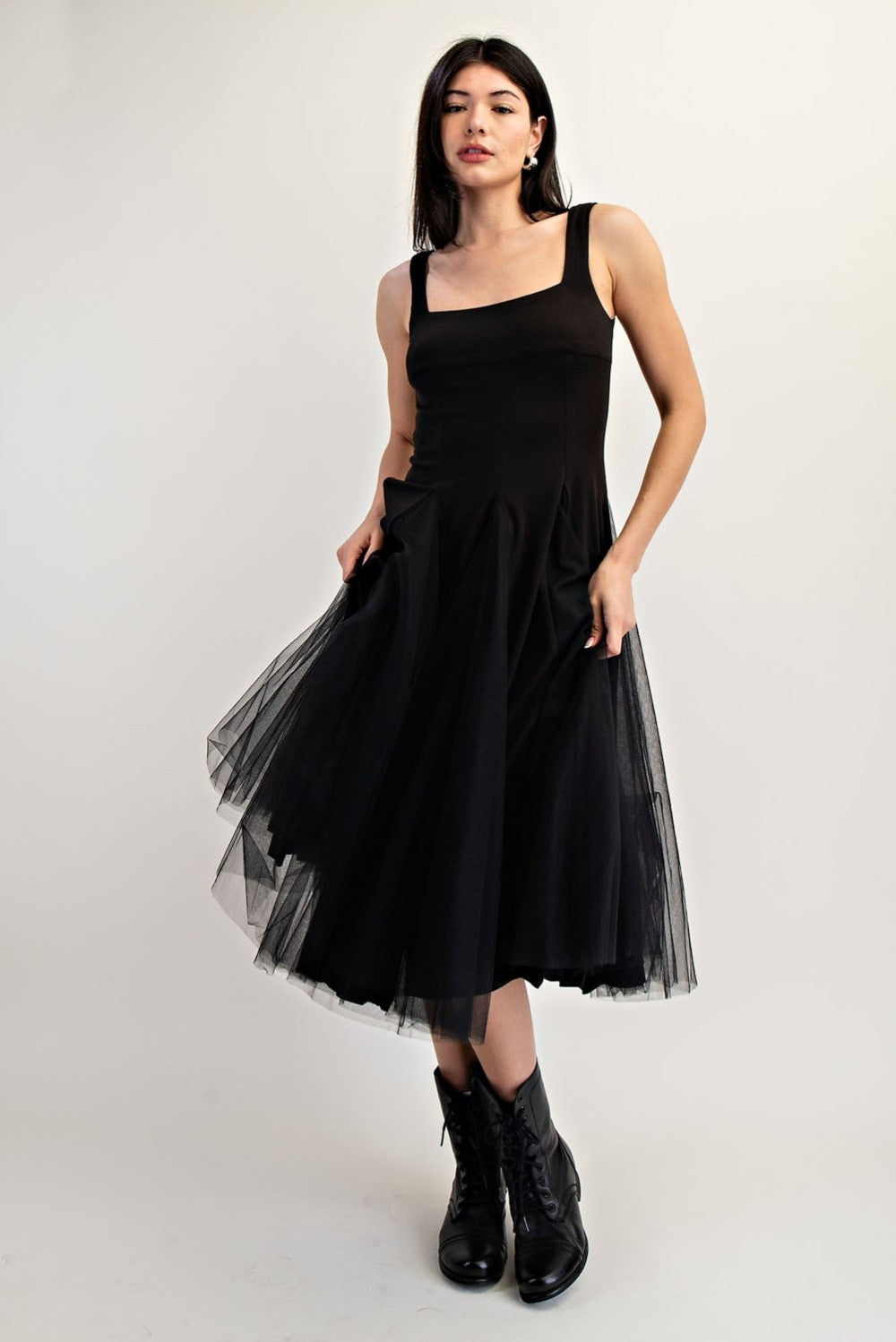 Sleeveless Square Neck Tulle Midi Dress Black / Small Sleeveless Square Neck Tulle Midi Dress Black / Small
