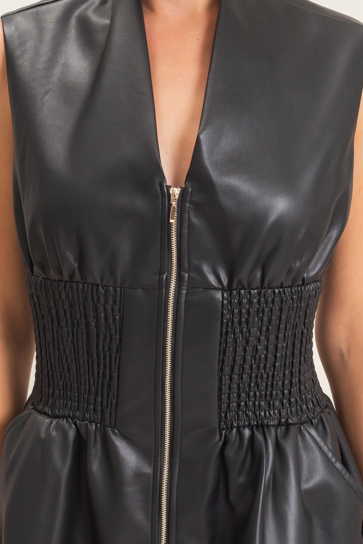 Faux Leather Zip Front Sleeveless Dress