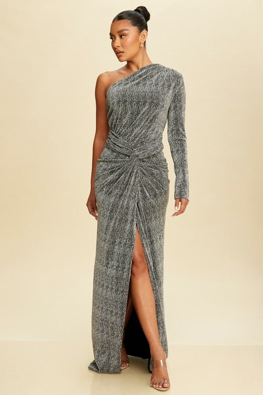 lurex knit one shoulder maxi dress Silver / Medium lurex knit one shoulder maxi dress Silver / Medium