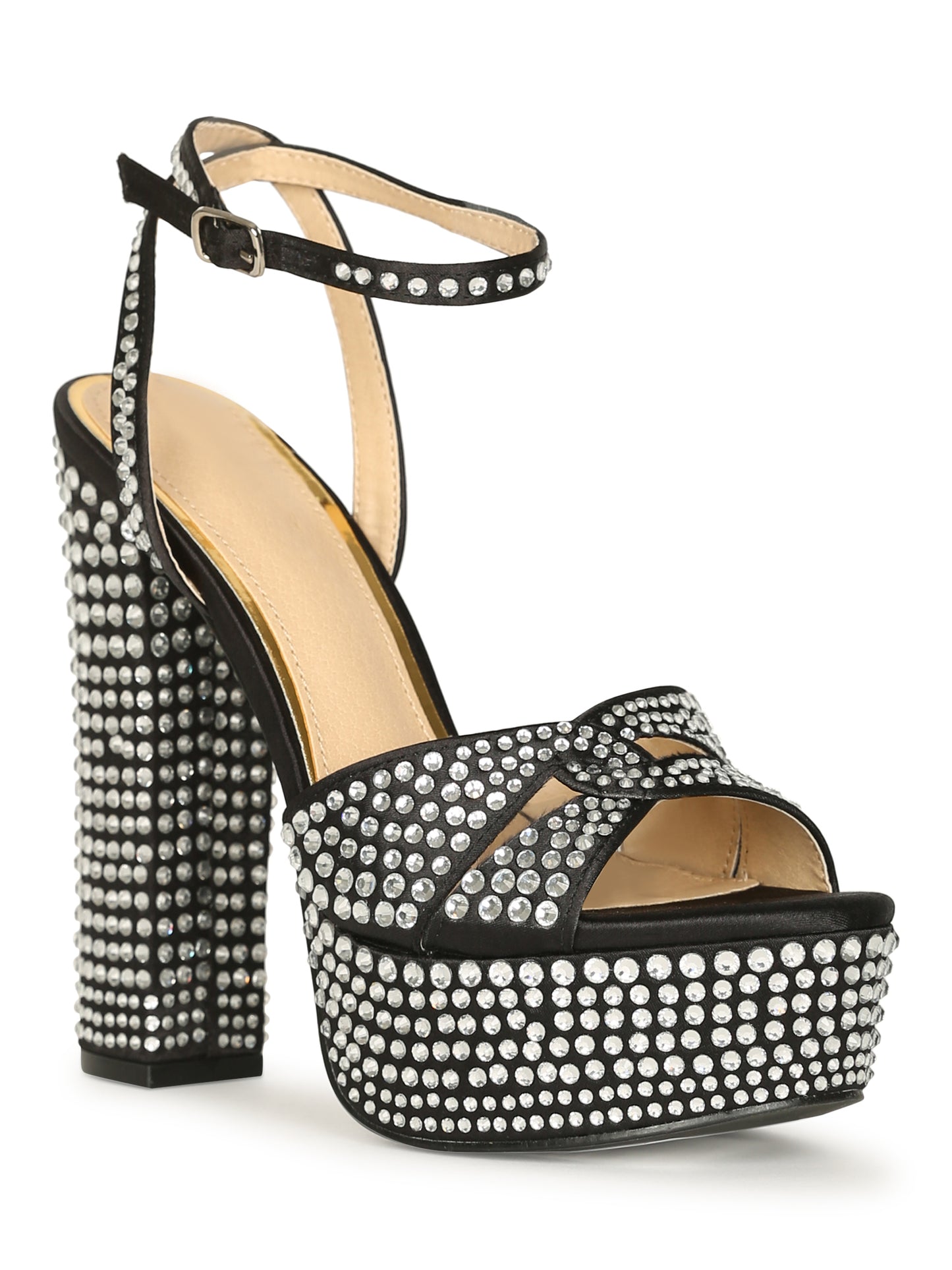rhinestone block heel platform shoe
