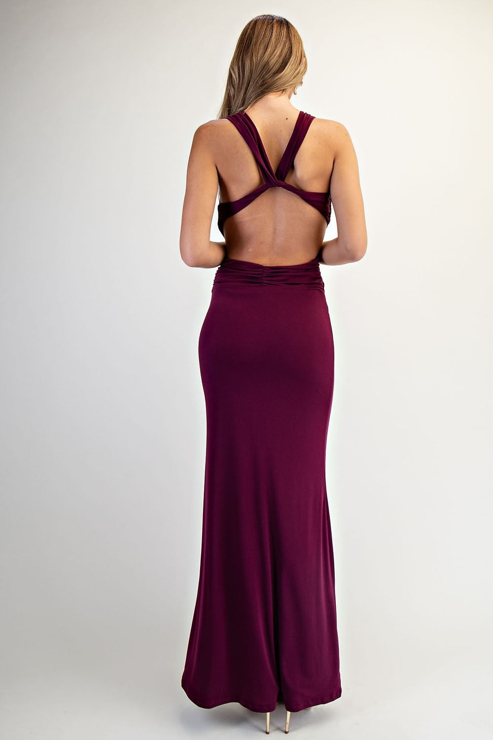 Halter Open Back Plunging Neck Knit Maxi Dress