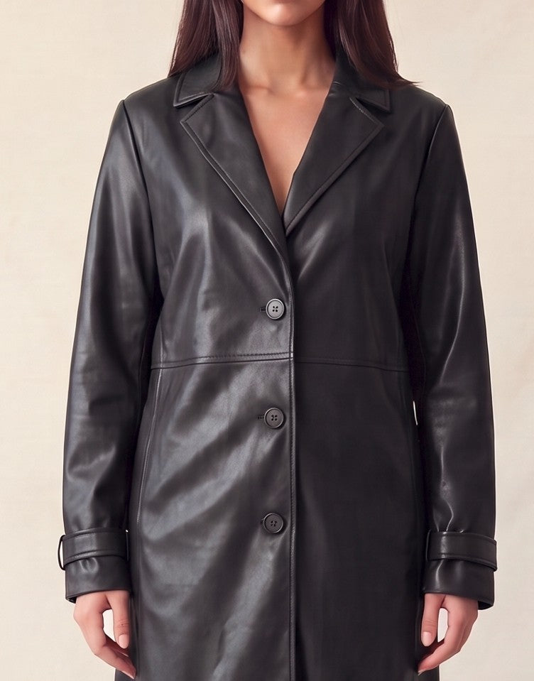 Faux Leather Notch Trench Coat