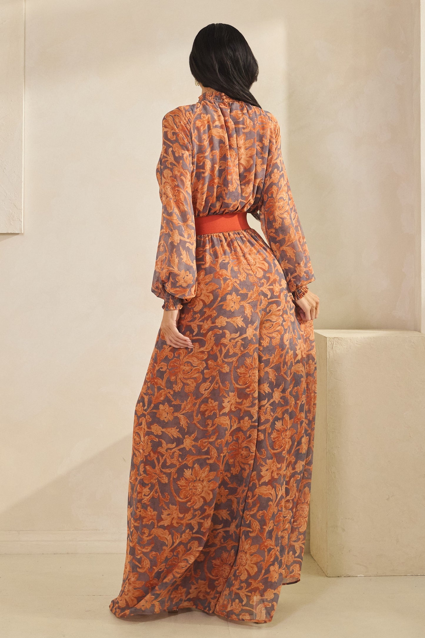 floral long sleeve mock neck wide leg jumpsuit