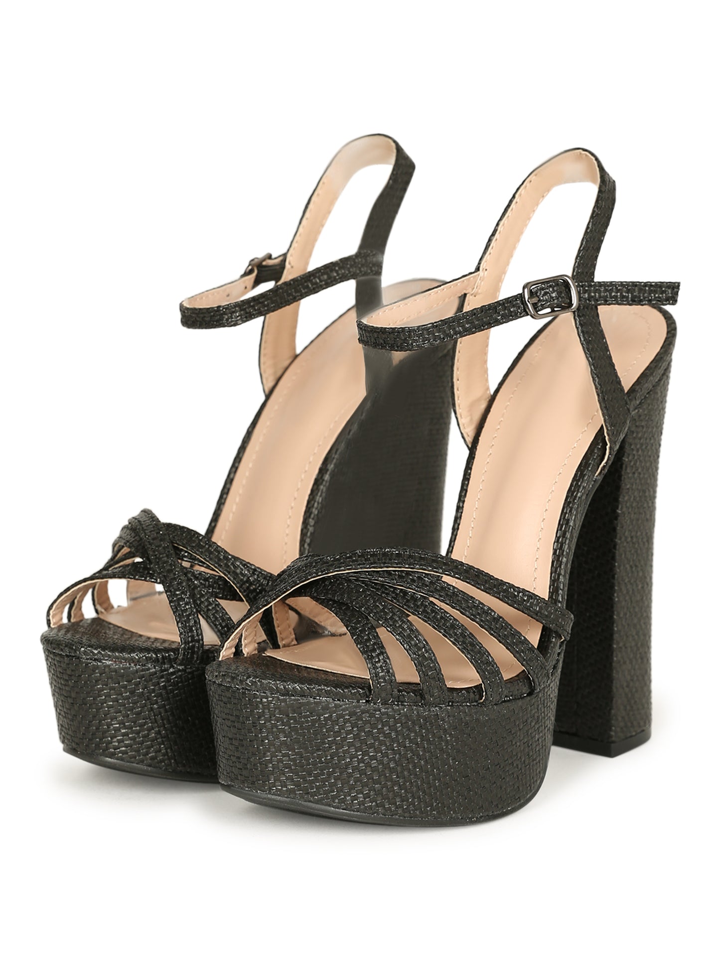 Textured Raffia Platform Block Heel Shoes