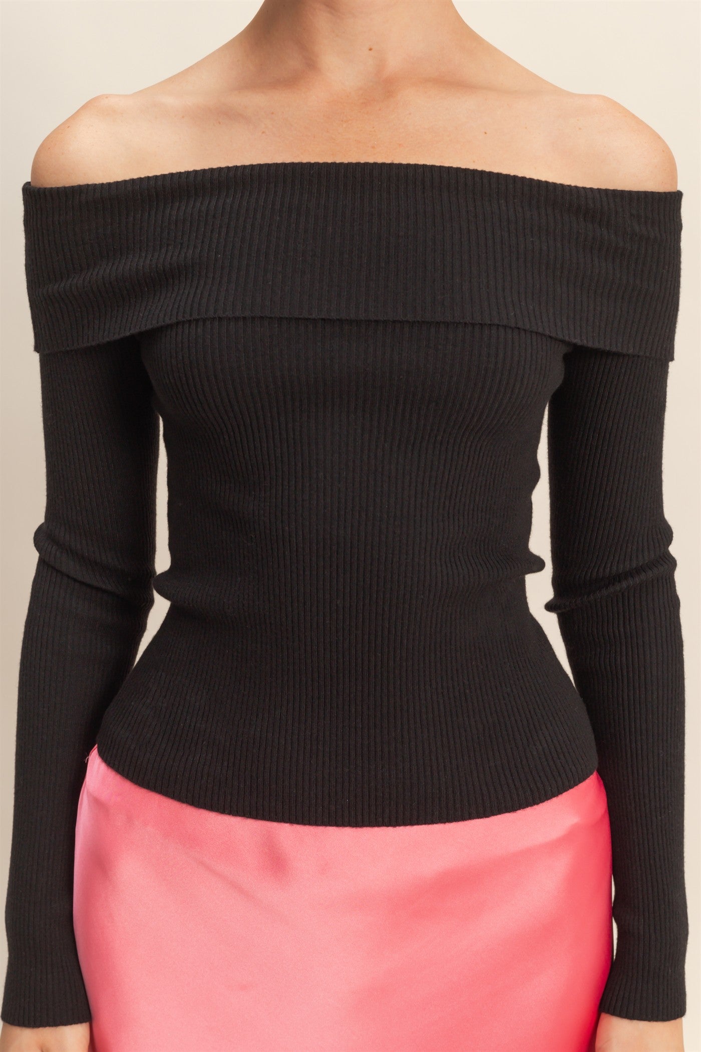 Fold over Neck Off The Shoulder Ribbed Long Sleeve Knit Top