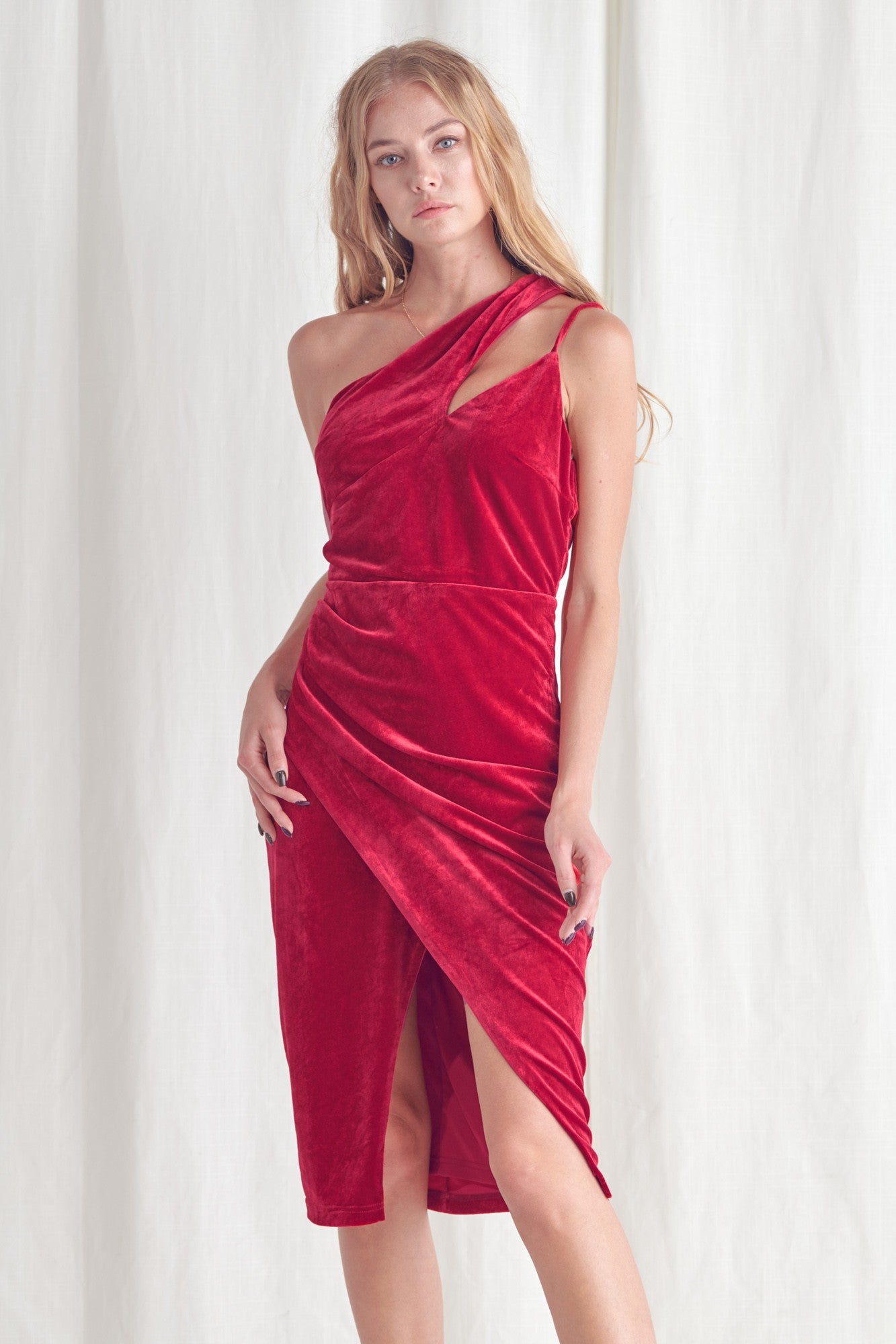 red velvet one shoulder dress Red One Shoulder Velvet Midi Dress