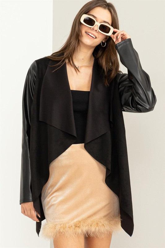 faux suede open jacket w/PU leather sleeves - tarpiniangroup