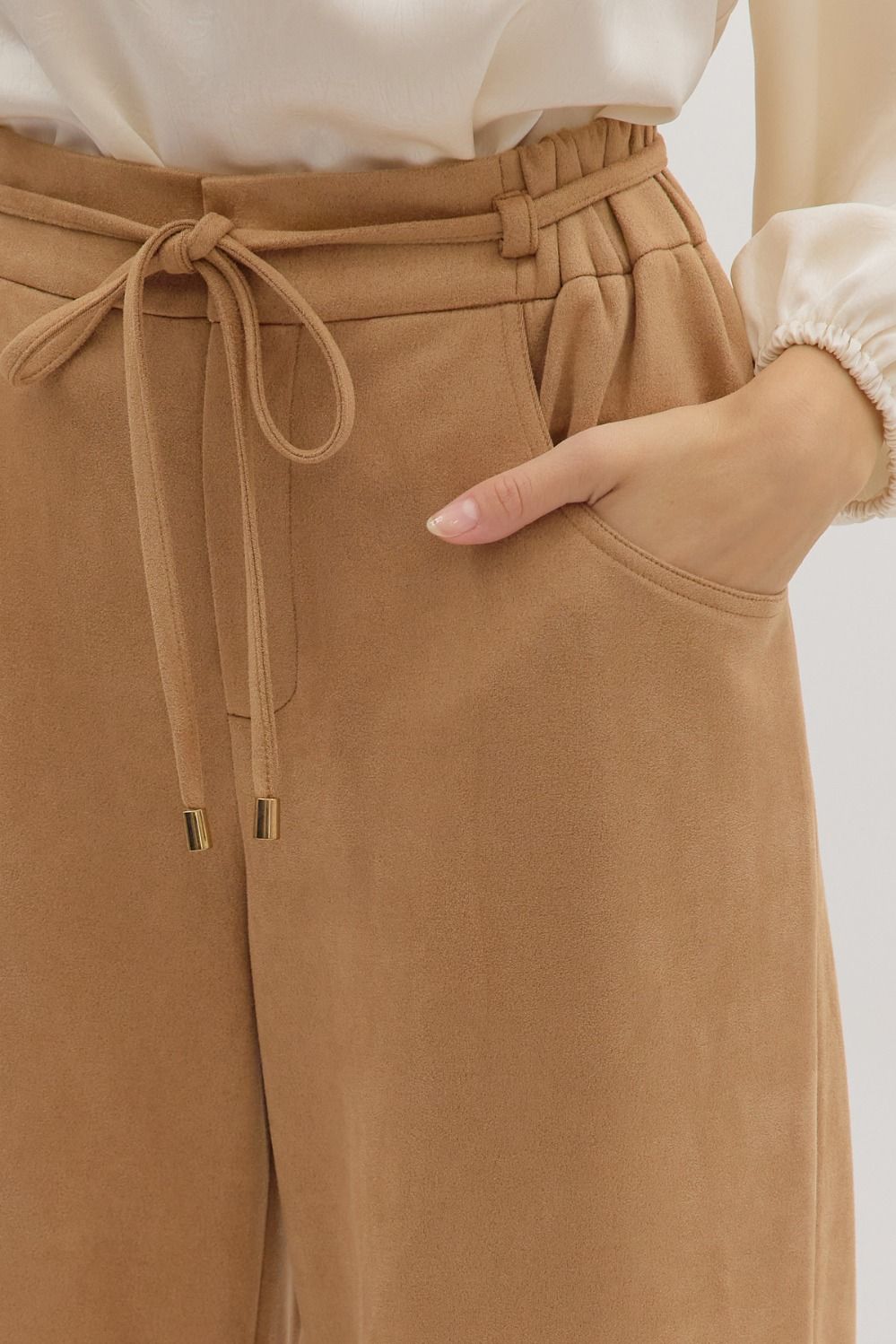 suede elastic waist wide leg pants