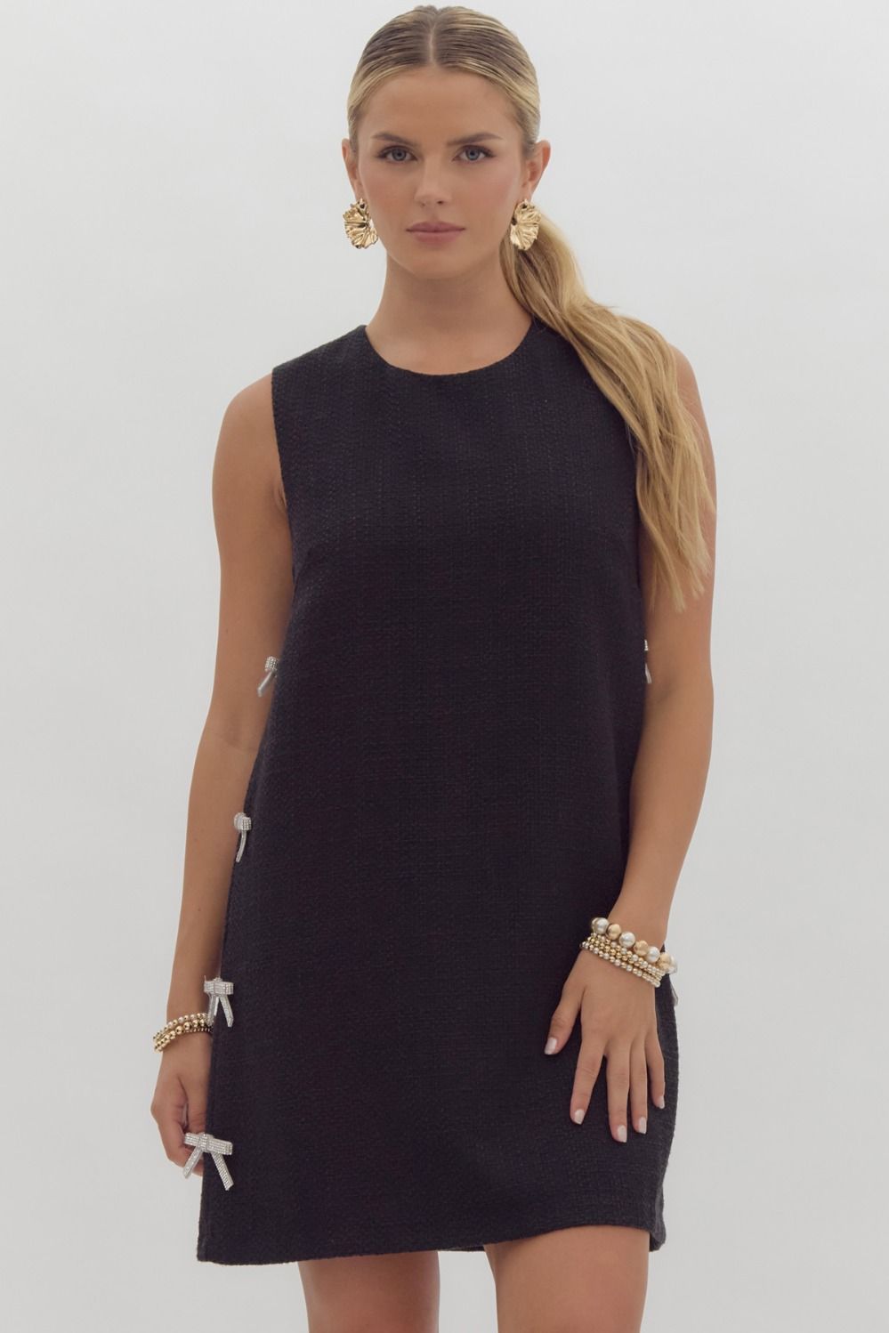 rhinestone bow sides sleeveless tweed sheath dress Black / Small rhinestone bow sides sleeveless tweed sheath dress Black / Small