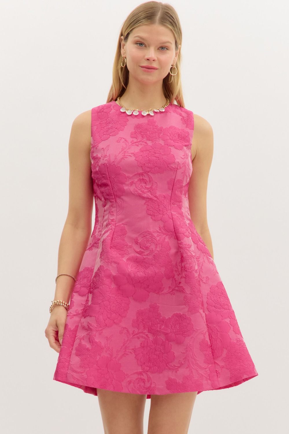 sleeveless jacquard pleated flare dress Fuchsia / Small sleeveless jacquard pleated flare dress Fuchsia / Small