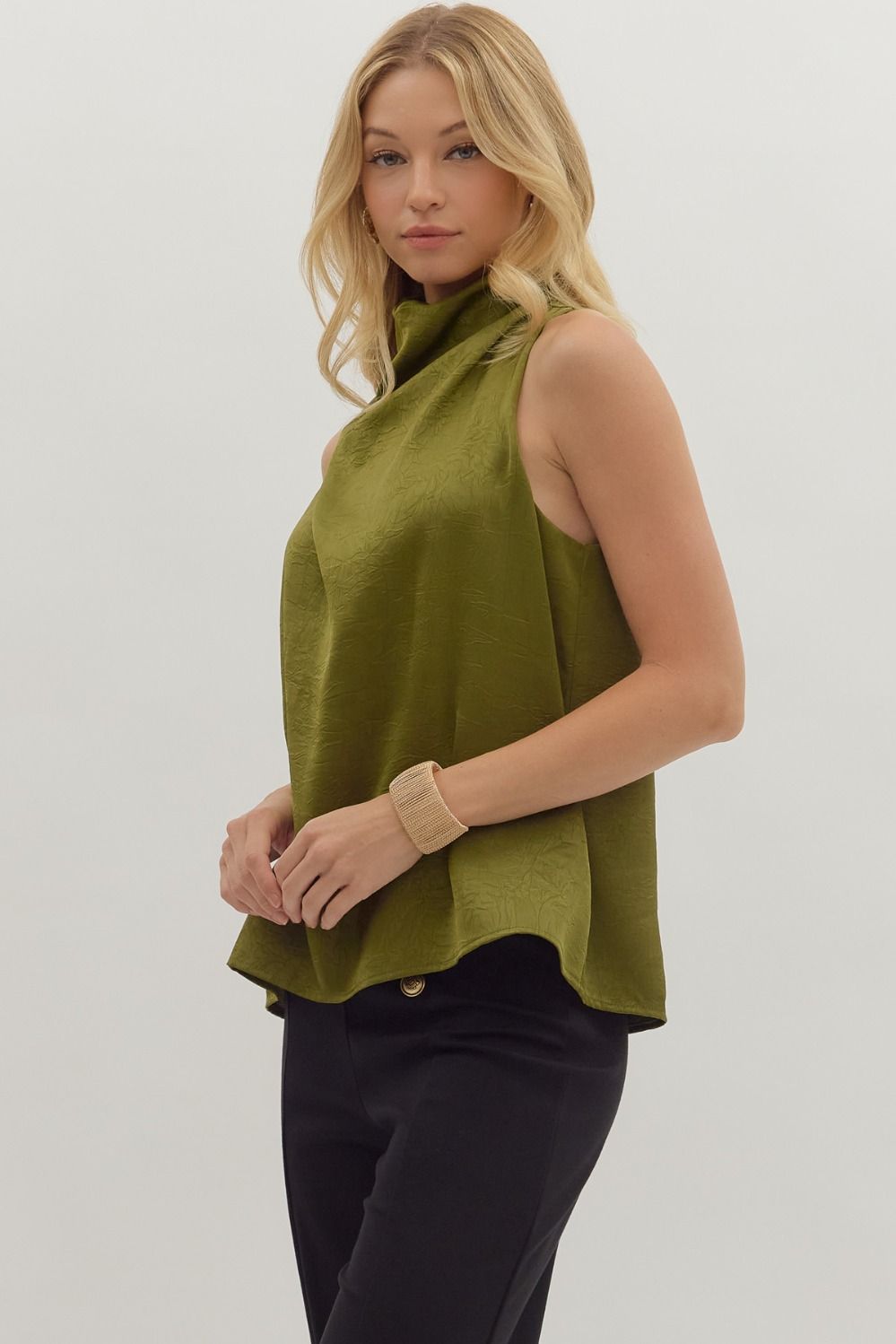 sleeveless satin mock neck top