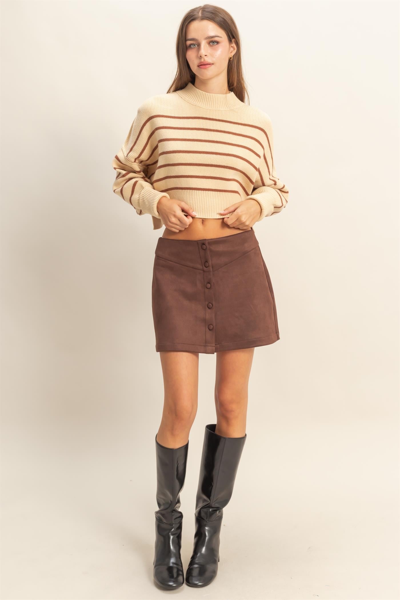 Button-front Suede Mini Skirt