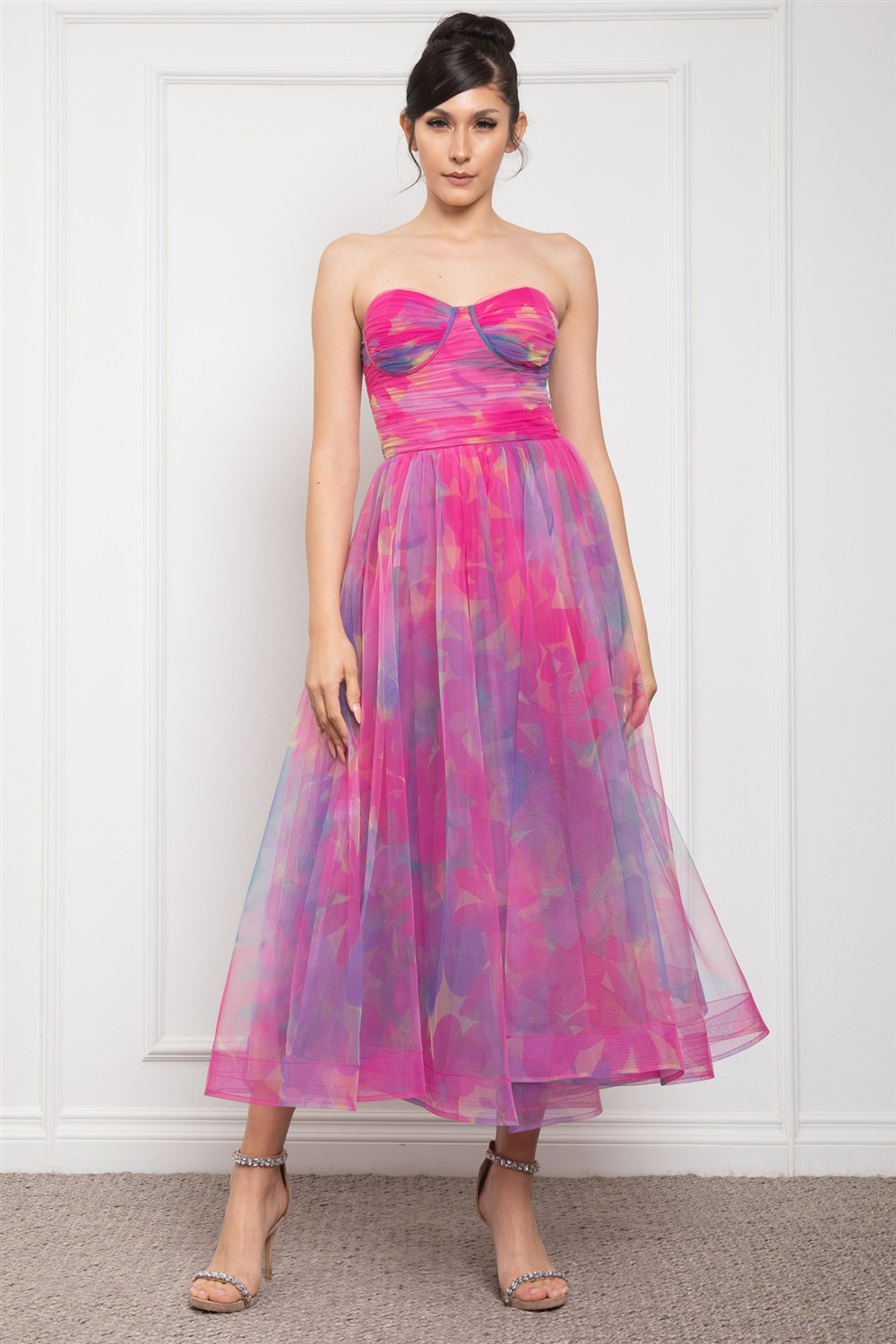 floral strapless bustier flared tulle maxi dress Fuchsia / Large floral strapless bustier flared tulle maxi dress Fuchsia / Large