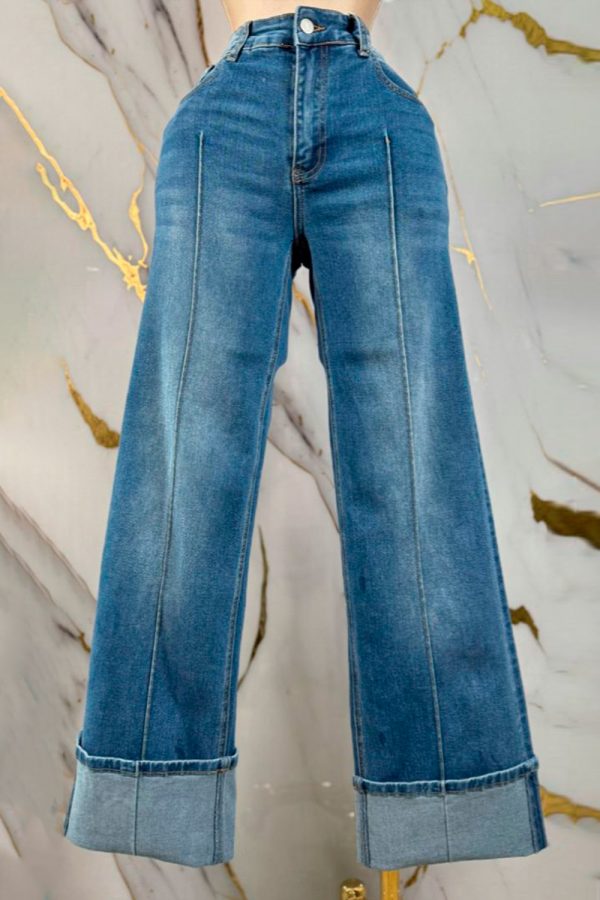 pintuck cuffed wide leg jeans
