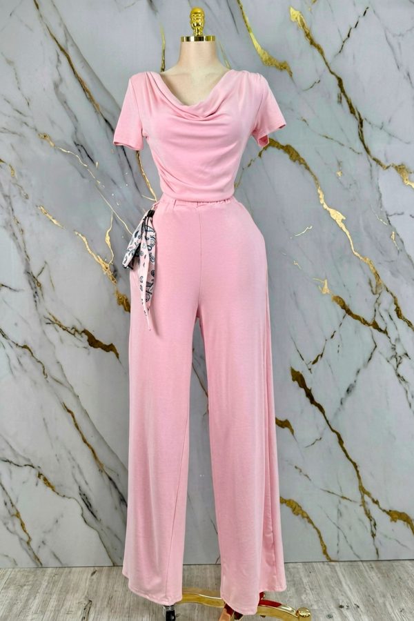 2pc set- jersey short sleeve cowl neck top & pull on pants