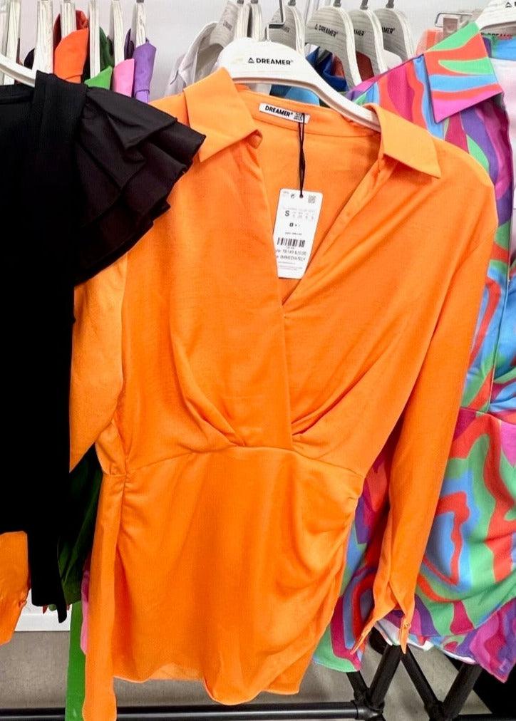 orange long sleeve shirt dress Orange Satin Wrap Dress
