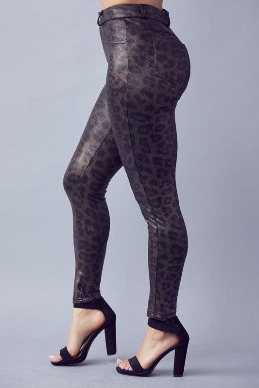 shiny leopard high waist skinny pants
