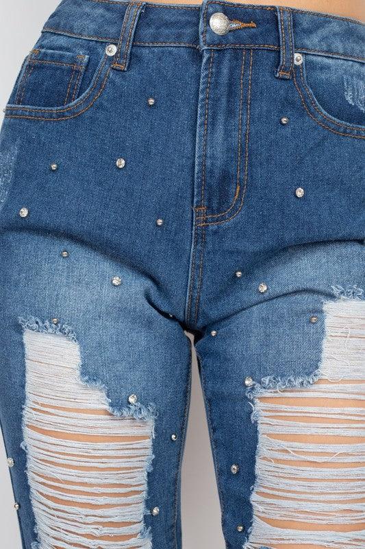 Rhinestones Ripped-Front Denim Jeans - tikolighting