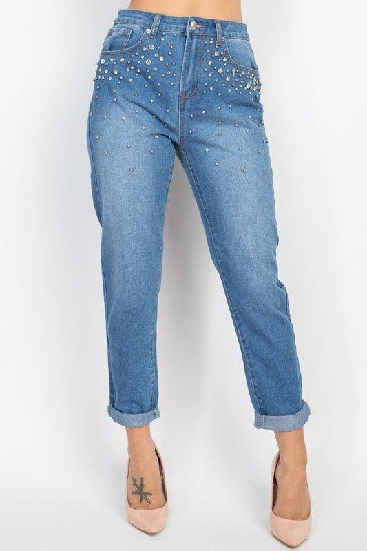 Rhinestones Denim Mom Jeans - tarpiniangroup