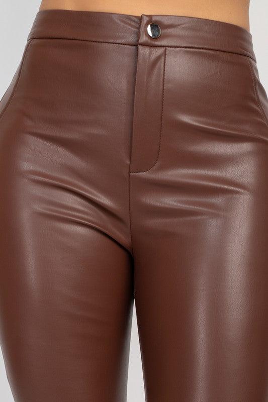 Faux Leather Buttoned Skinny Pants - tikolighting