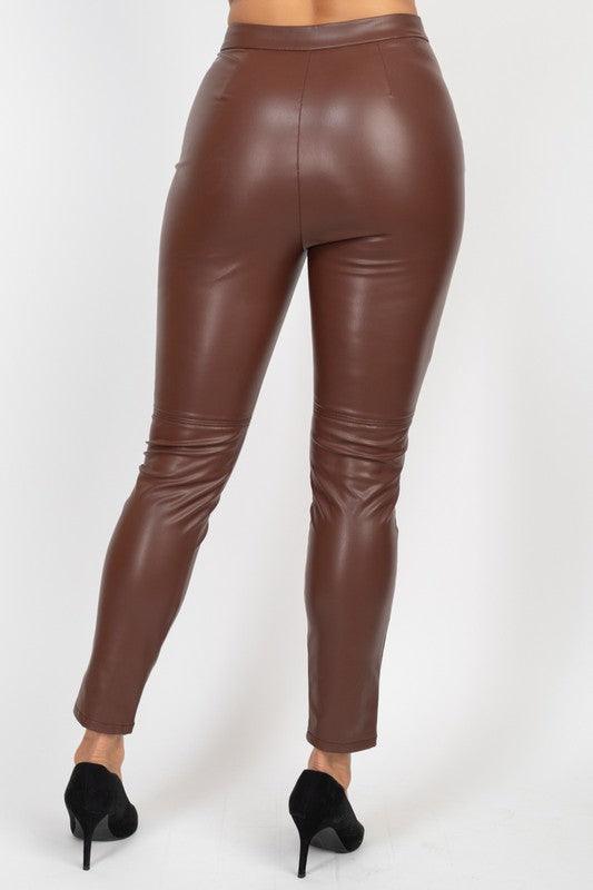 Faux Leather Buttoned Skinny Pants - tikolighting