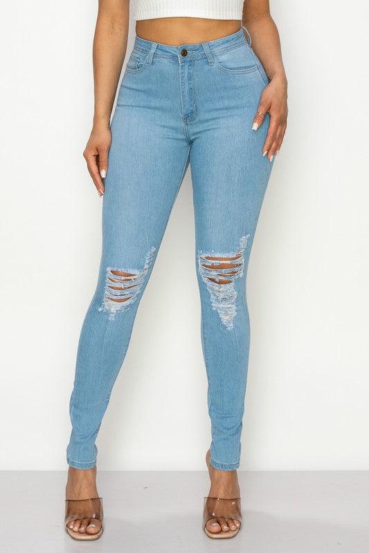 LO-202 High rise stretch ripped knee skinny jeans - tarpiniangroup
