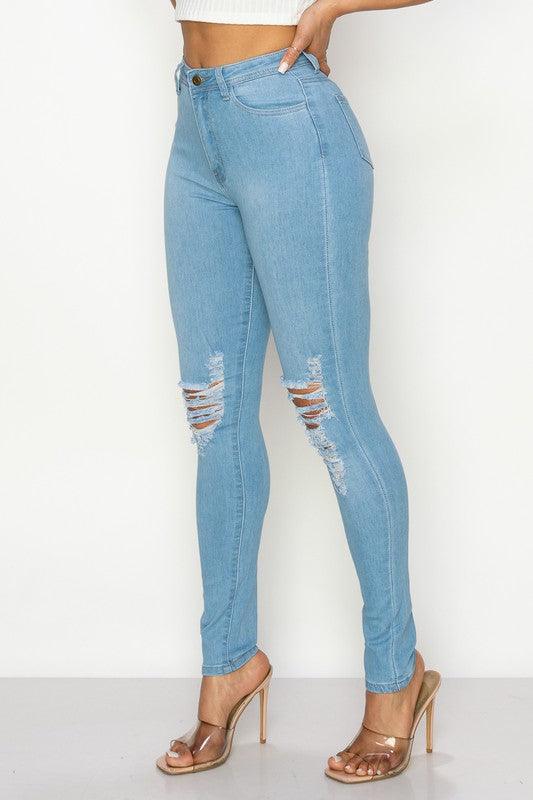 LO-202 High rise stretch ripped knee skinny jeans - tikolighting