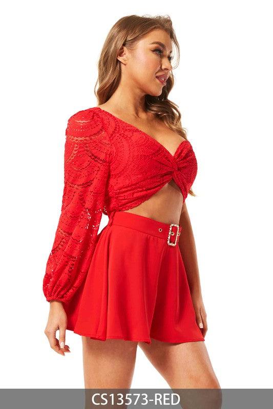 2pc set- belted shorts & lace one sleeve crop top