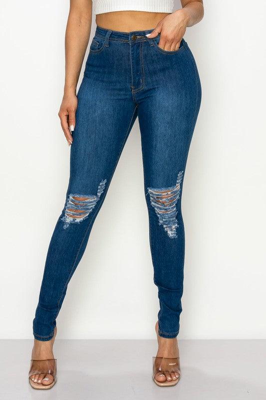LO-203 High rise stretch ripped knee skinny jeans - RK Collections Boutique