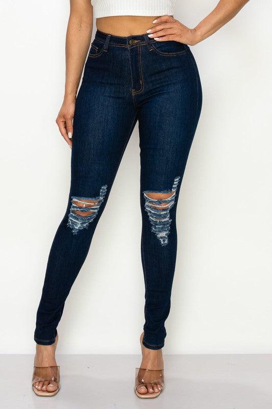 LO-204 High rise stretch ripped knee skinny jeans - tikolighting