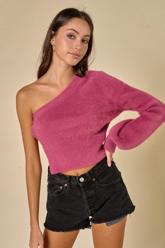 open back one sleeve fuzzy crop sweater - tarpiniangroup