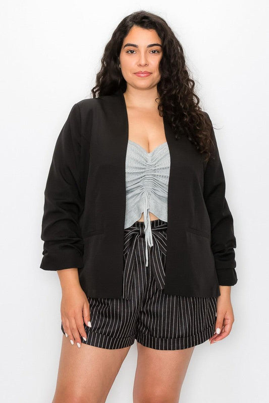 PLUS ruched 3/4 sleeve open front blazer