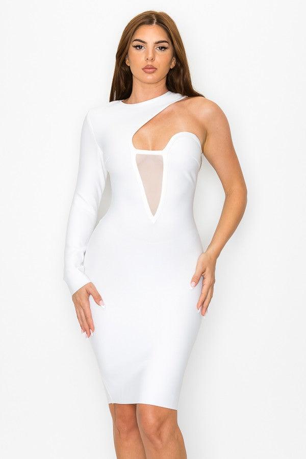 Sheer Inset One Sleeve Bandage Dress White / Medium Sheer Inset One Sleeve Bandage Dress White / Medium