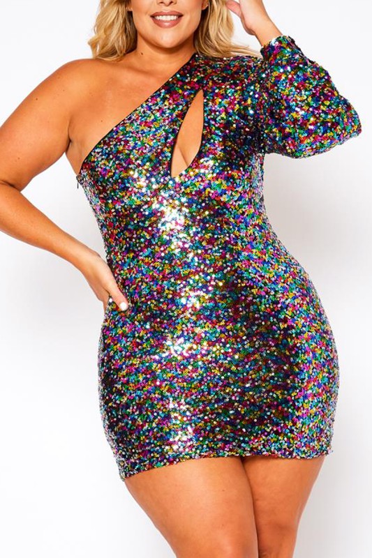 Plus One Shoulder Sequin Mini Dress Black/Silver / 2XL Plus One Shoulder Sequin Mini Dress Black/Silver / 2XL