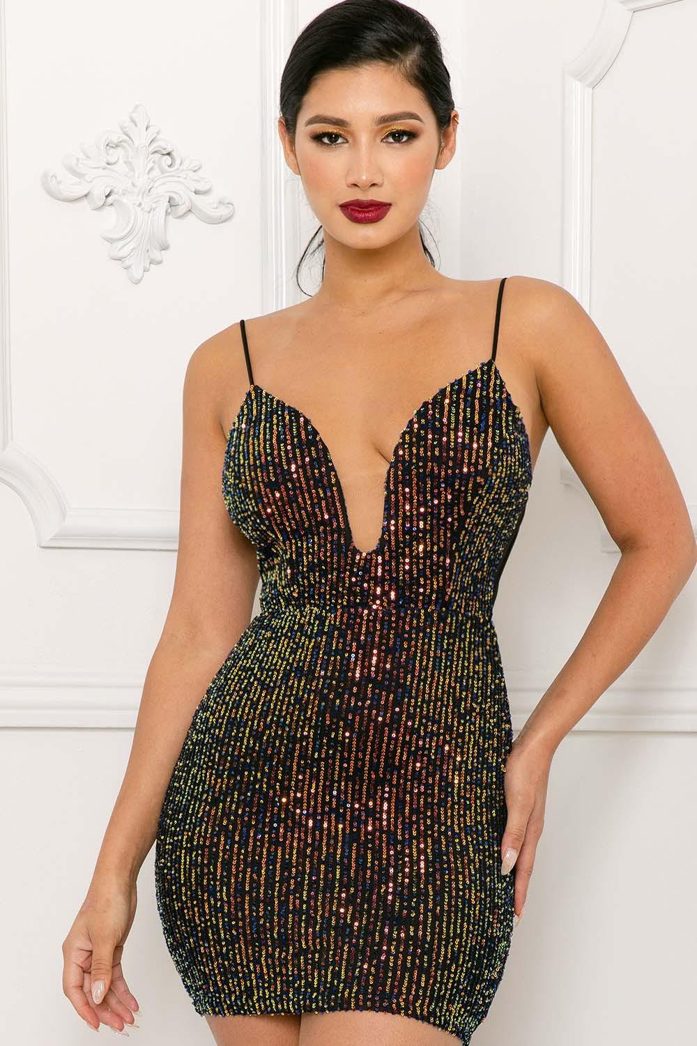 sequin deep plunge tie back sleeveless mini dress Black/Iridescent / MEDIUM sequin deep plunge tie back sleeveless mini dress Black/Iridescent / MEDIUM