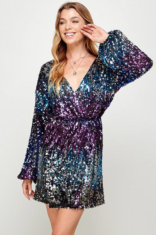 Ombre Long Sleeve Sequin Dress Blue Multi / Small Ombre Long Sleeve Sequin Dress Blue Multi / Small
