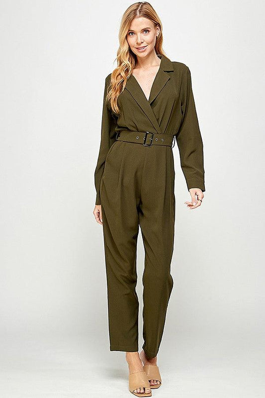 belted long sleeve lapel collar jumpsuit