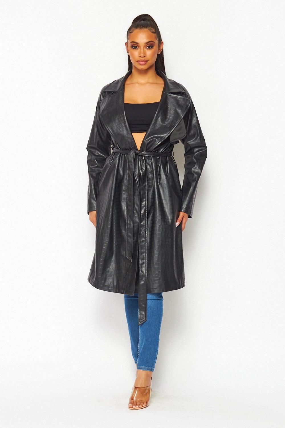 Faux-Leather Crocodile Trench Coat