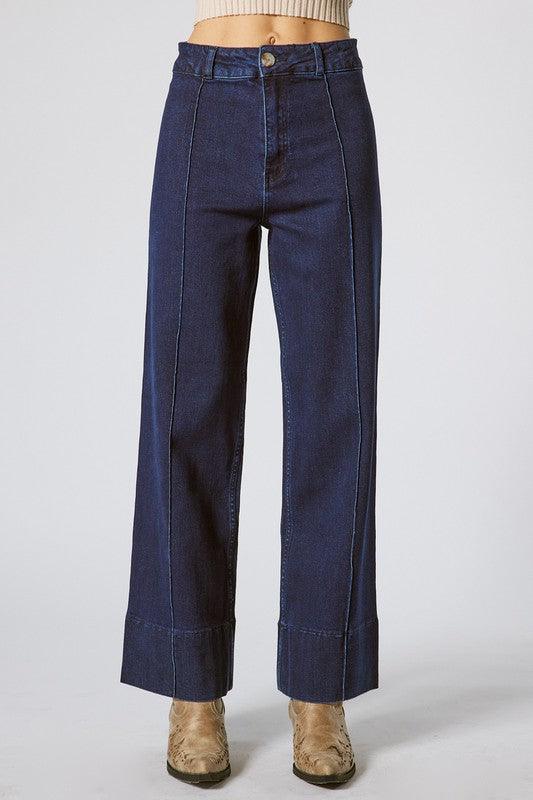 pin tuck wide leg stretch jeans