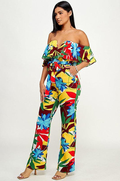 notched layered off the shoulder tropical jumpsuit - tikolighting