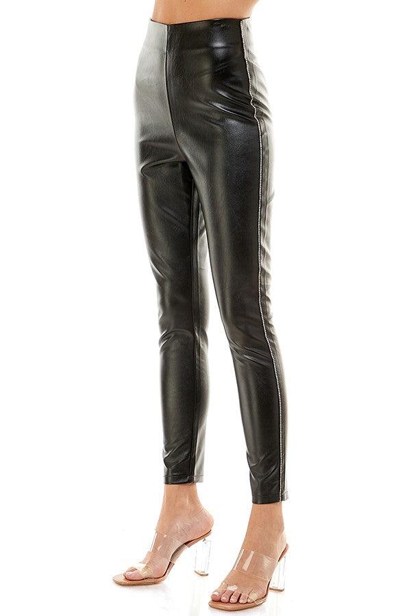 rhinestone side stripe faux leather skinny pants - tikolighting