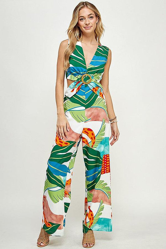 tropical sleeveless cut out side jumpsuit