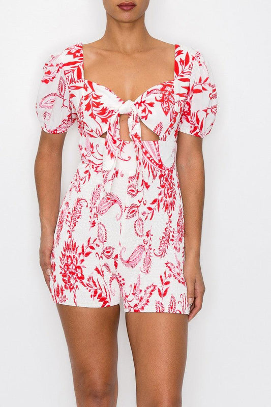 leafy vine print cutout tie front smocked romper - tarpiniangroup