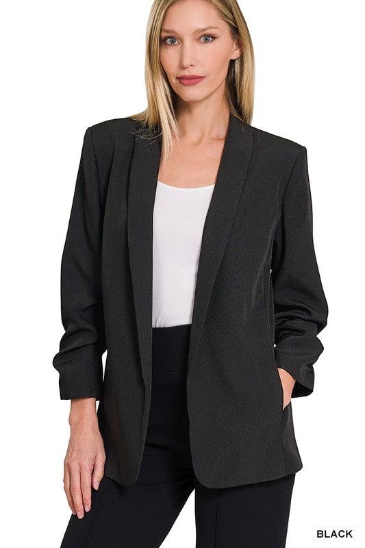 ruched 3/4 sleeve open front blazer