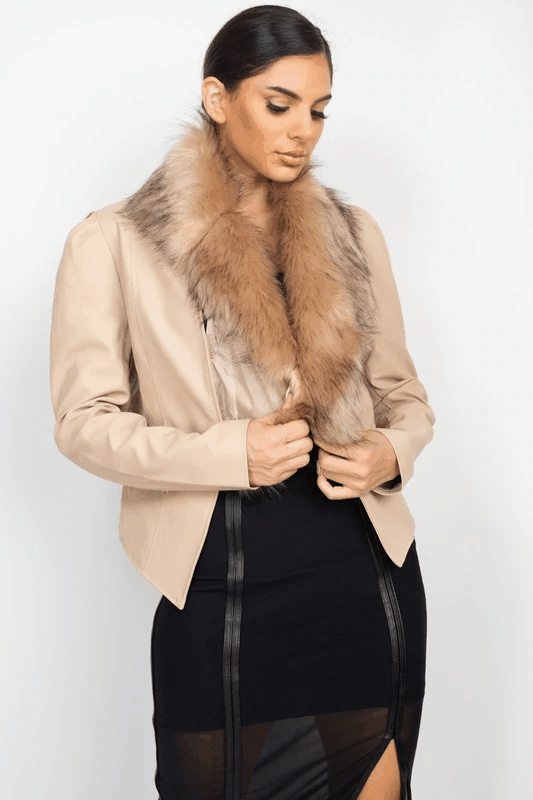 Faux Leather Fur Collar Jacket - tarpiniangroup