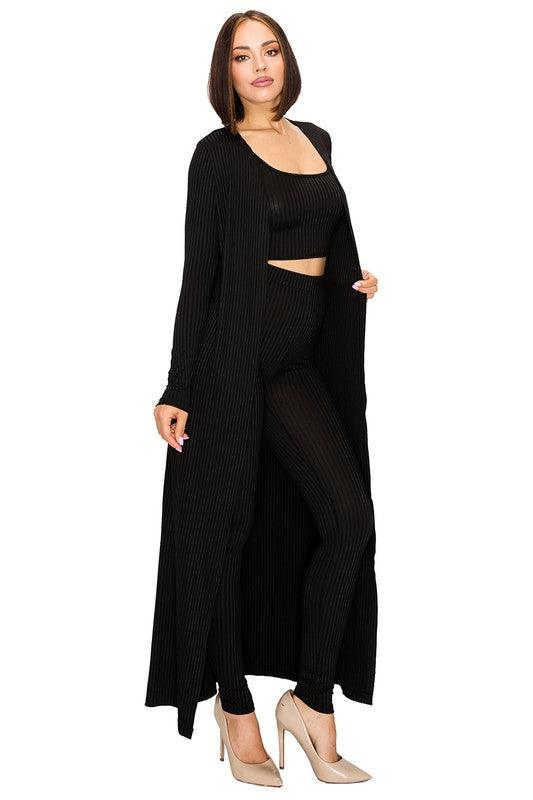 3pc set- ribbed duster cardigan, crop top, & leggings-Pants Set-Gibiu-RK Collections Boutique